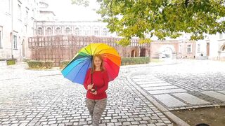 Which do you like better, the 800 year old castle courtyard, the umbrella or maybe something else?